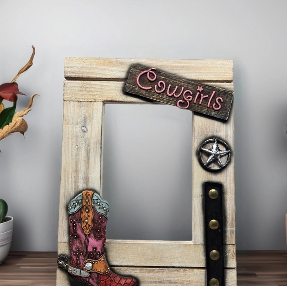 River Edge Products Light Wood Cowgirls Western Boots Texas Star Photo Frame - Picture 7 of 10